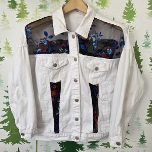 TSher White Denim Jacket with Floral Mesh Detail